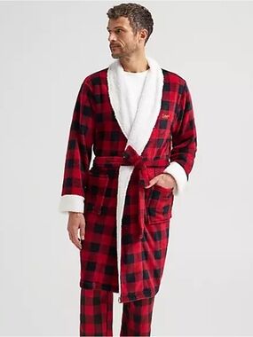 LEE Men's Buffalo Plaid Sherpa Trim Flannel Robe--NWT--L